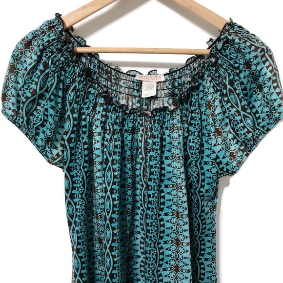 CLAUDIA RICHARD Boho Peasant Top Blue Brown Sz LG - Picture 5 of 15
